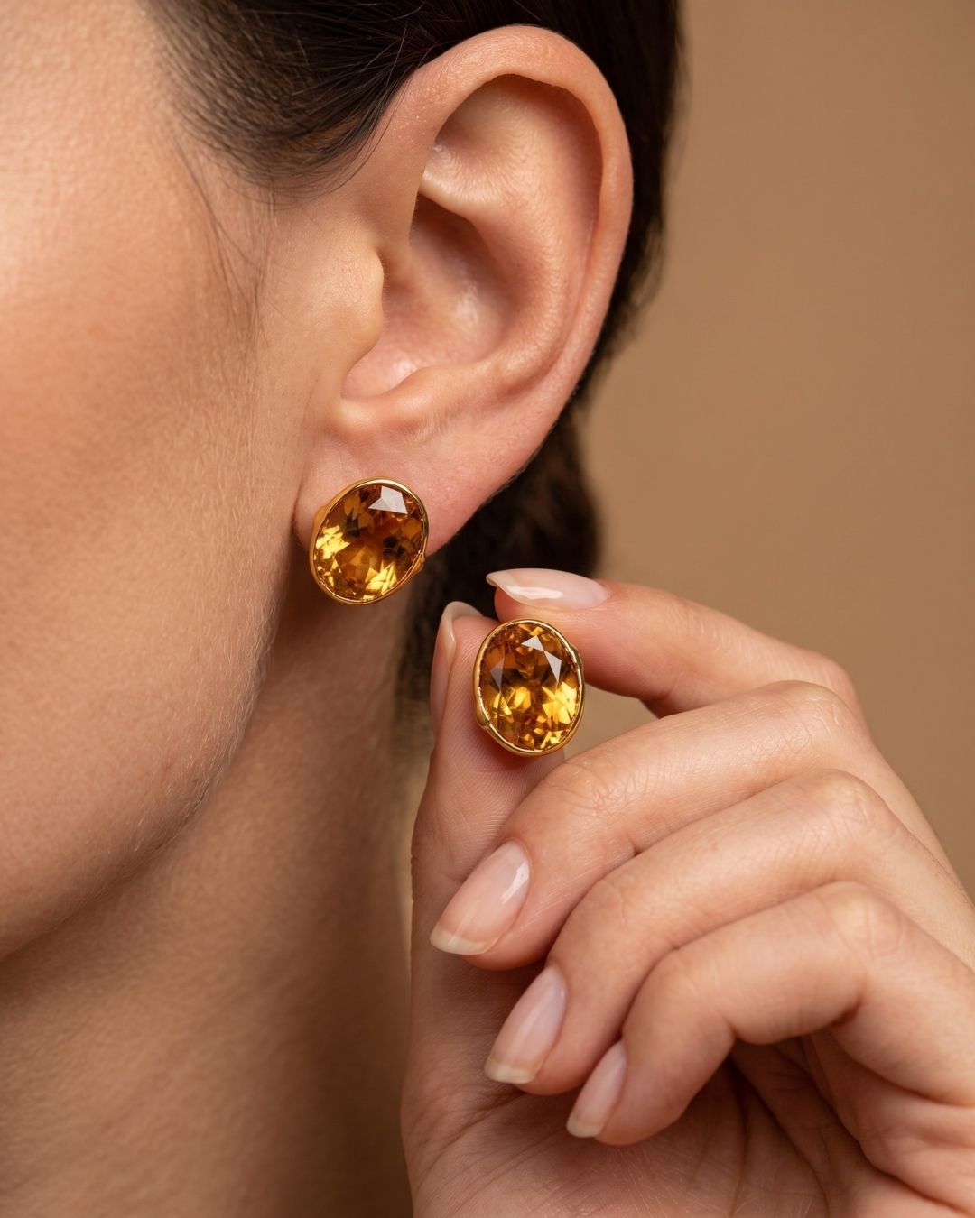Amber Oval Stone Stud Earrings for Women