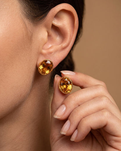 Amber Oval Stone Stud Earrings for Women