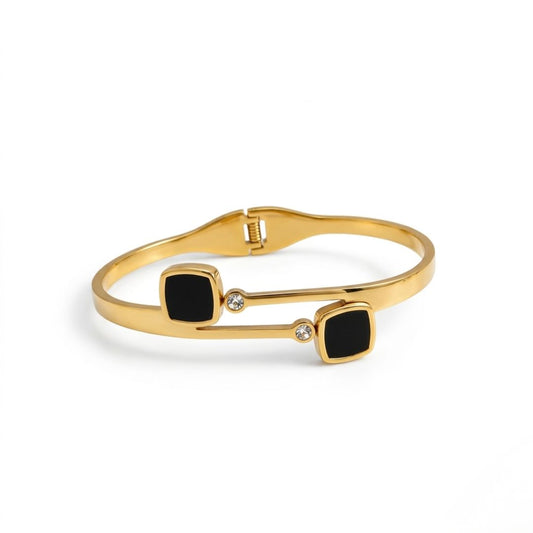 Square Black Stone Accent Bracelet with Dual-Bar Gold Frame
