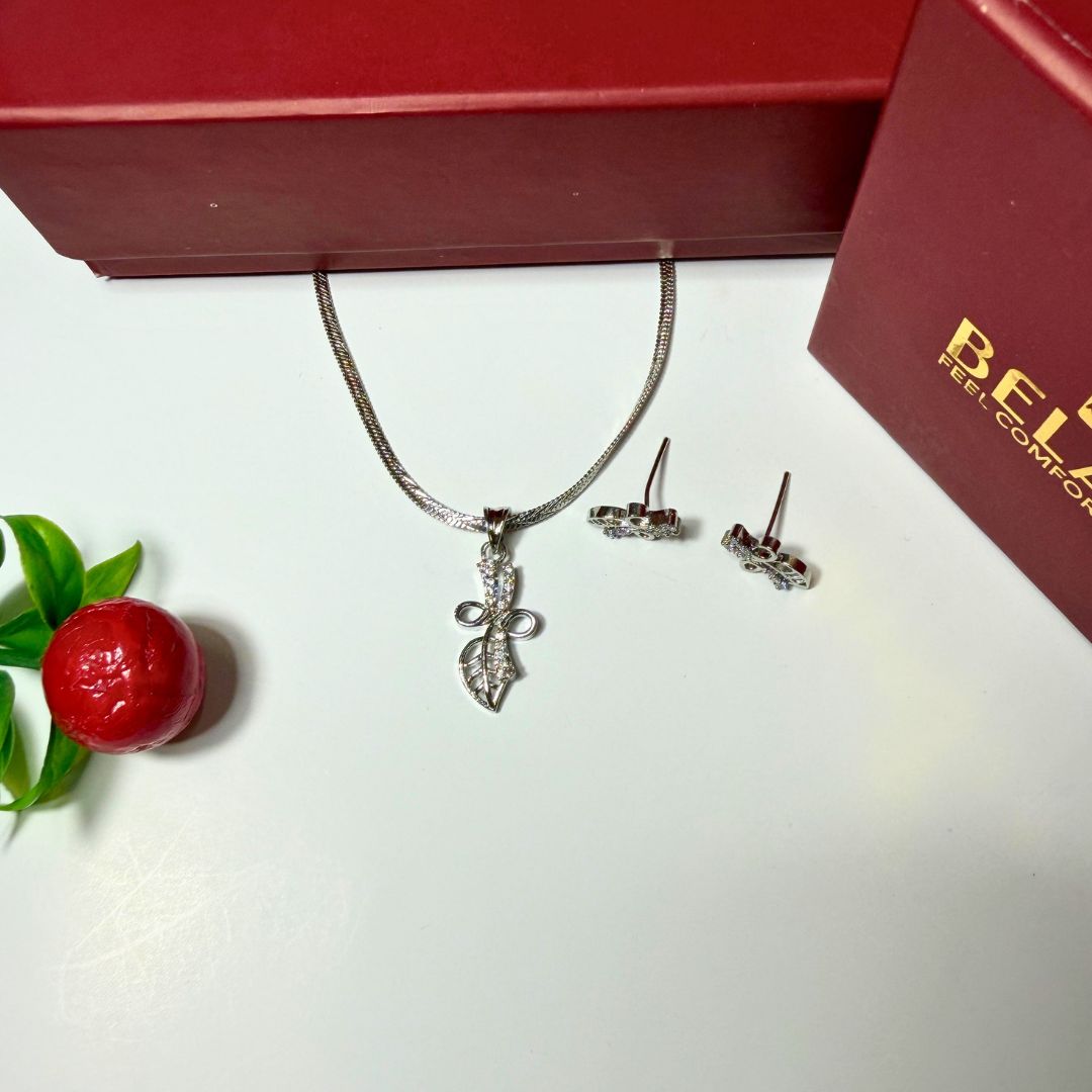 Leaf & Bow Pendant Necklace with Matching Earrings