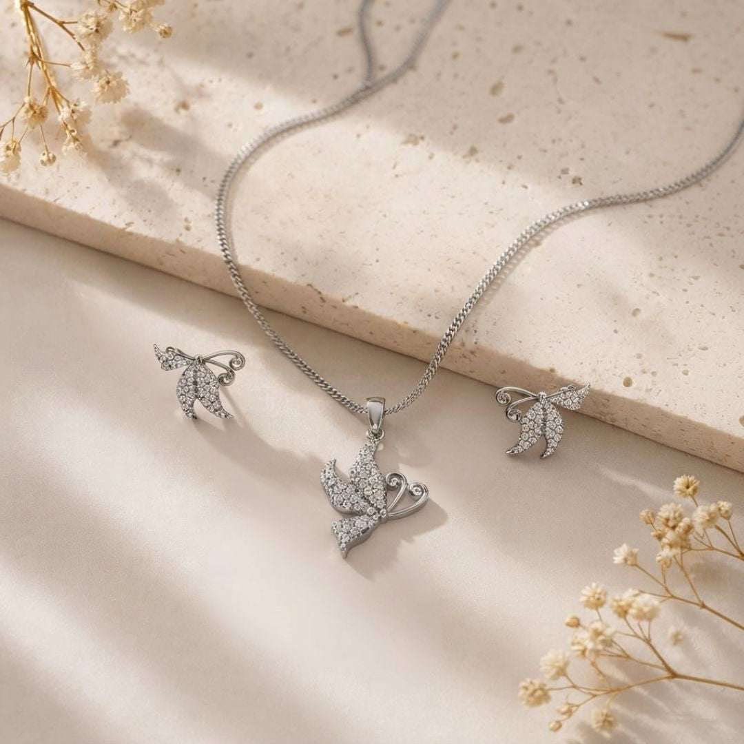 Butterfly Pendant Necklace with Matching Earrings