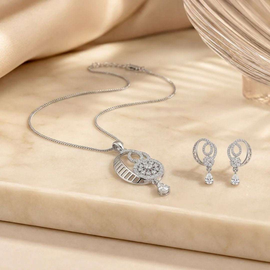 Crescent Spark Silver Finish Office Wear Pendant Set