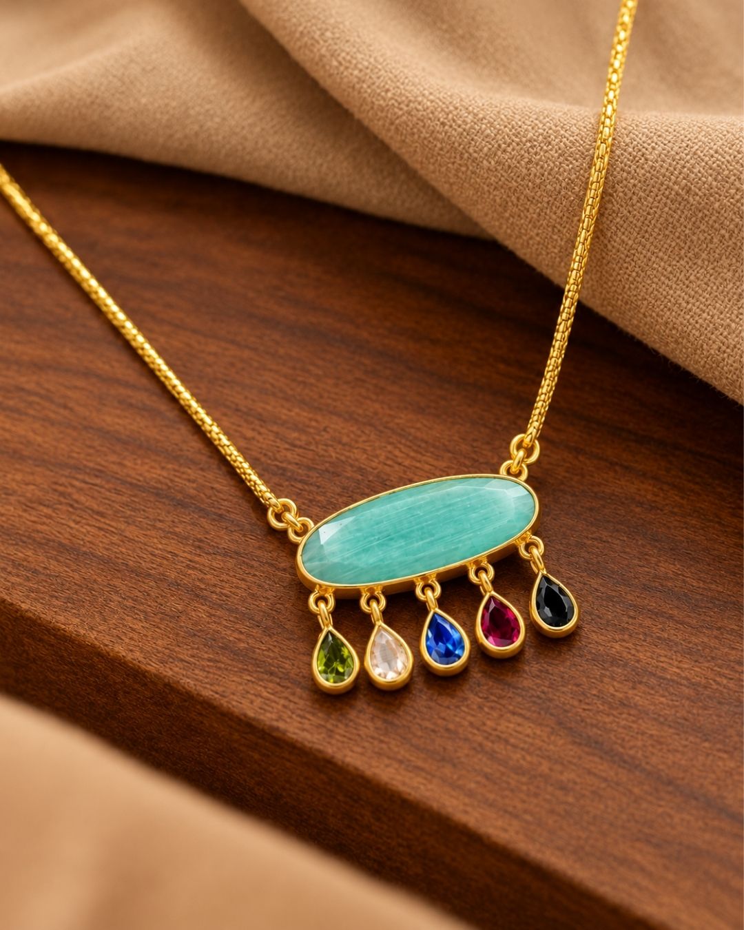 Oval Centre Stone Pendant with Colourful Drops