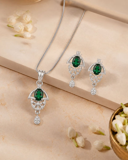 Green Halo Silver Finish AD Pendant Set