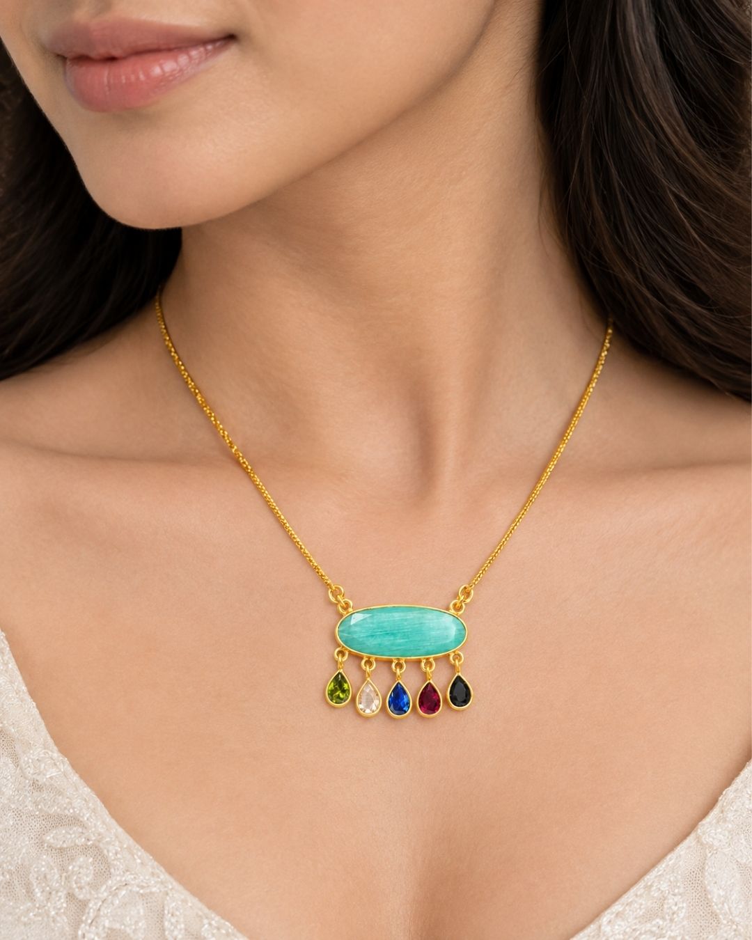 Oval Centre Stone Pendant with Colourful Drops