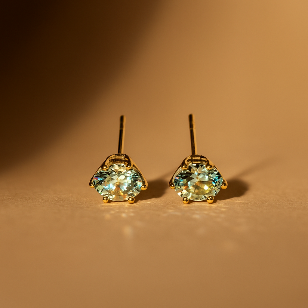 Pair of gold Earrings for Women with White gemstones on a brown background