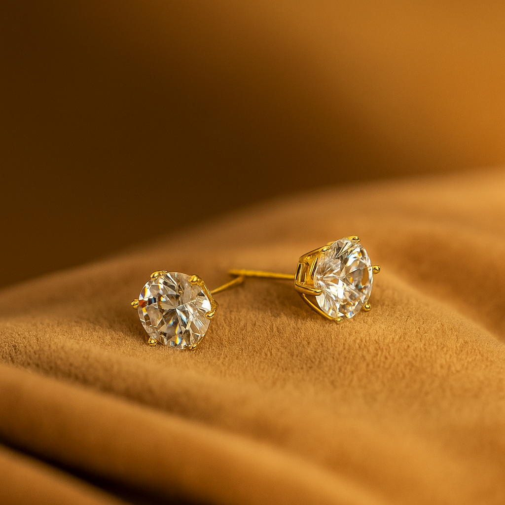 Pair of diamond stud Earrings for Women on a beige stone surface with a warm brown background