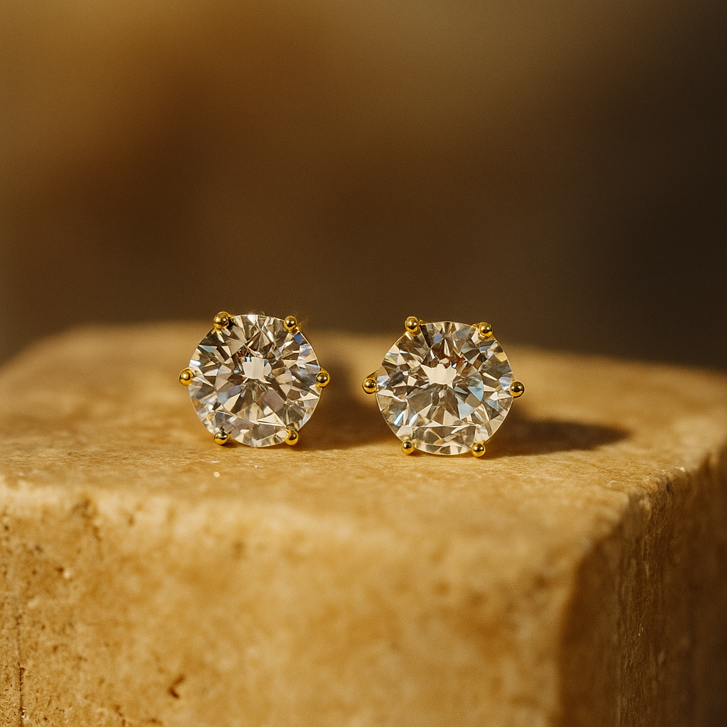 Pair of diamond stud Earrings for Women on a textured stone surface with a warm brown background