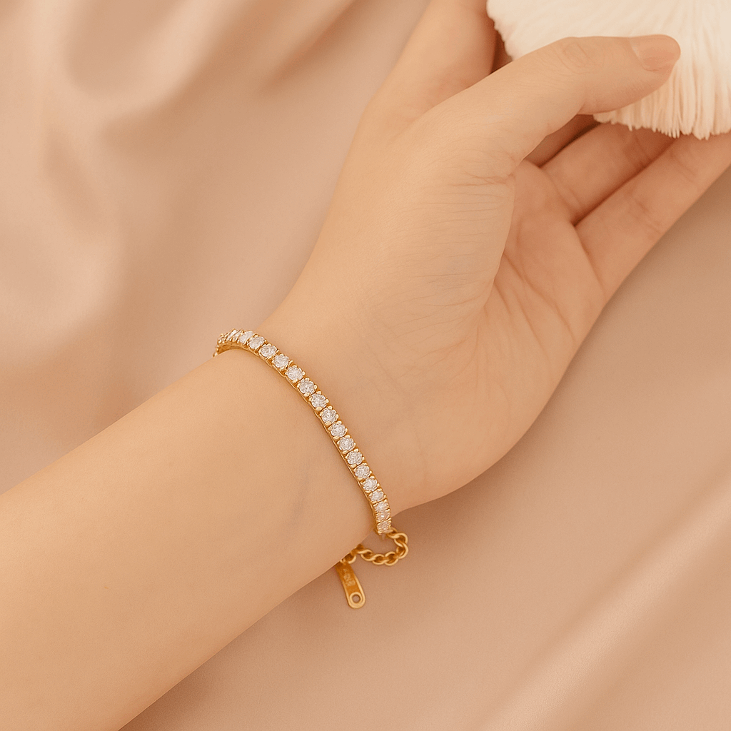 Diamond Bracelet for Women on a reflective surface with a blurred background
