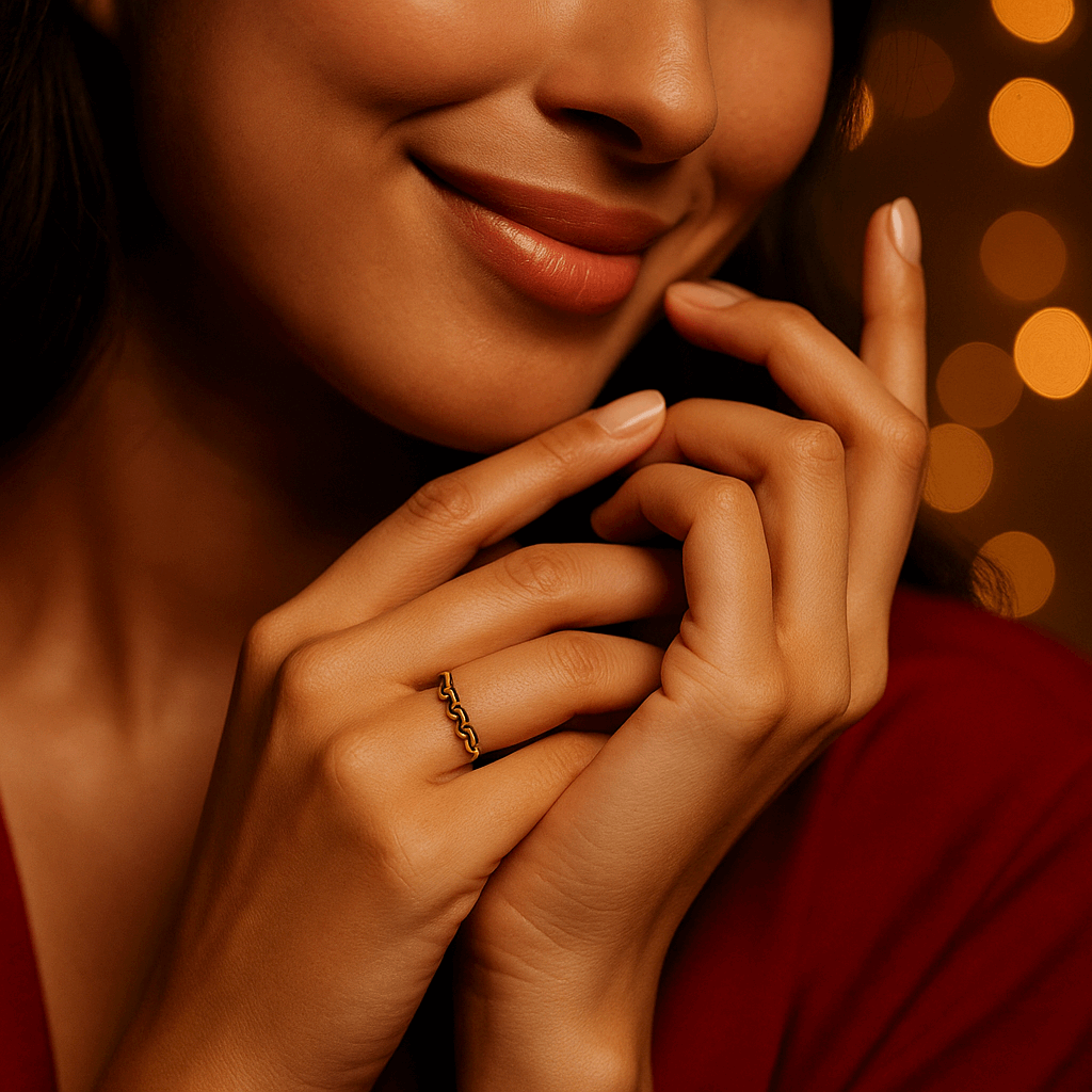 Close-up of a hand with a gold Ring for Women on a warm-toned background