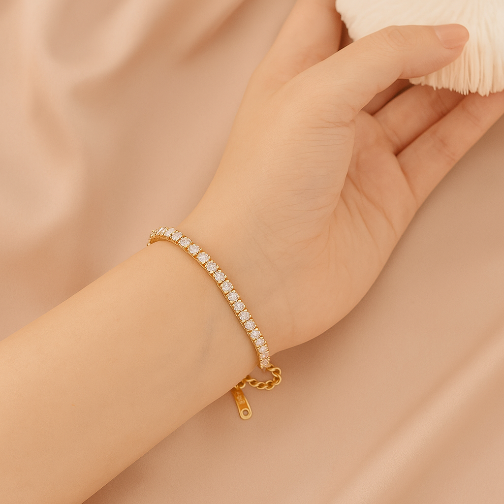 Diamond Bracelet for Women on a reflective surface with a blurred background
