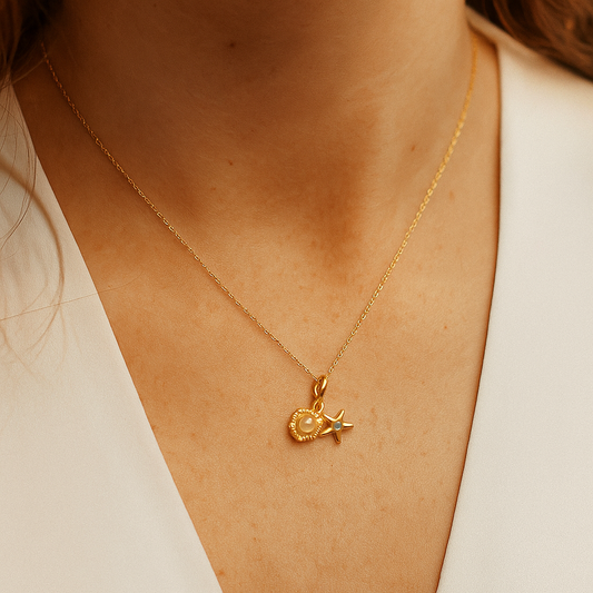 Gold necklace with a Pendant for Women featuring a star on a person's neck