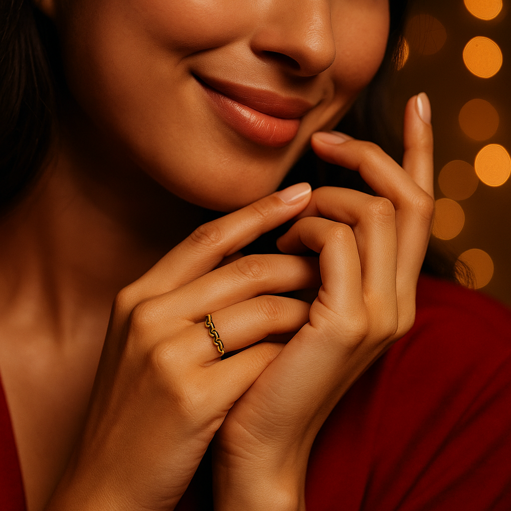 Close-up of a hand with a gold Ring for Women on a warm-toned background