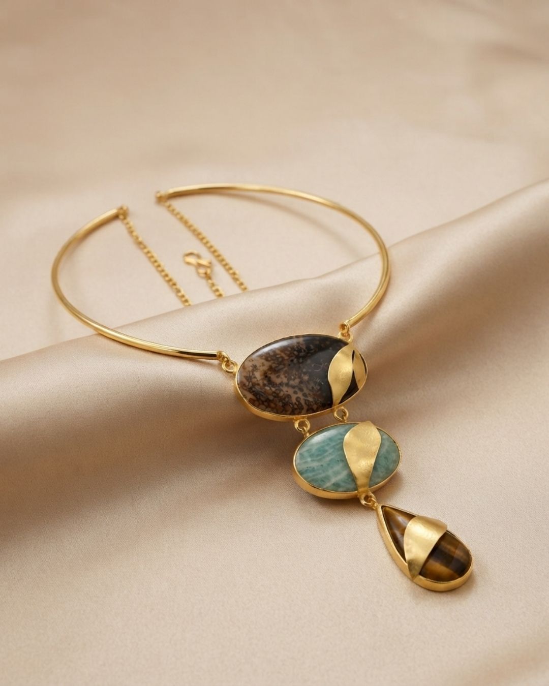 Brown Green Geometric Statement Necklace