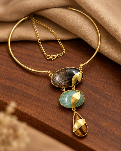 Brown Green Geometric Statement Necklace