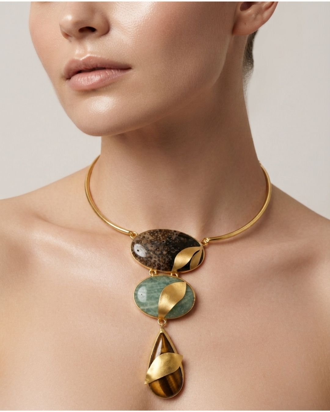 Brown Green Geometric Statement Necklace