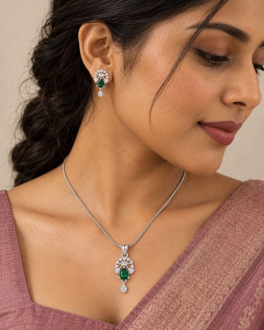 Emerald Bloom Silver Finish Wedding Jewellery Pendant Set