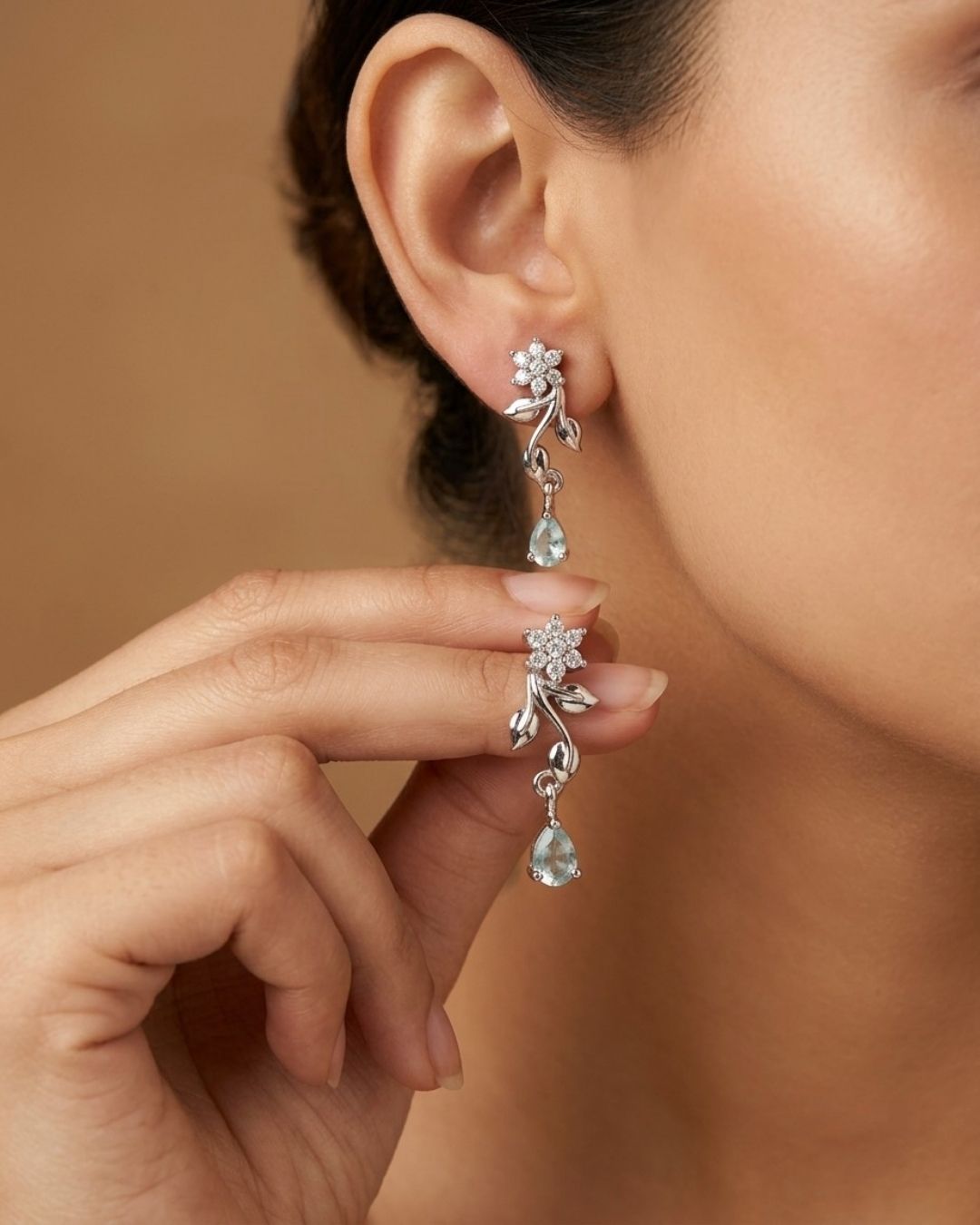 Silver Finish American Diamond Stud Earrings for Women with Blue Drop