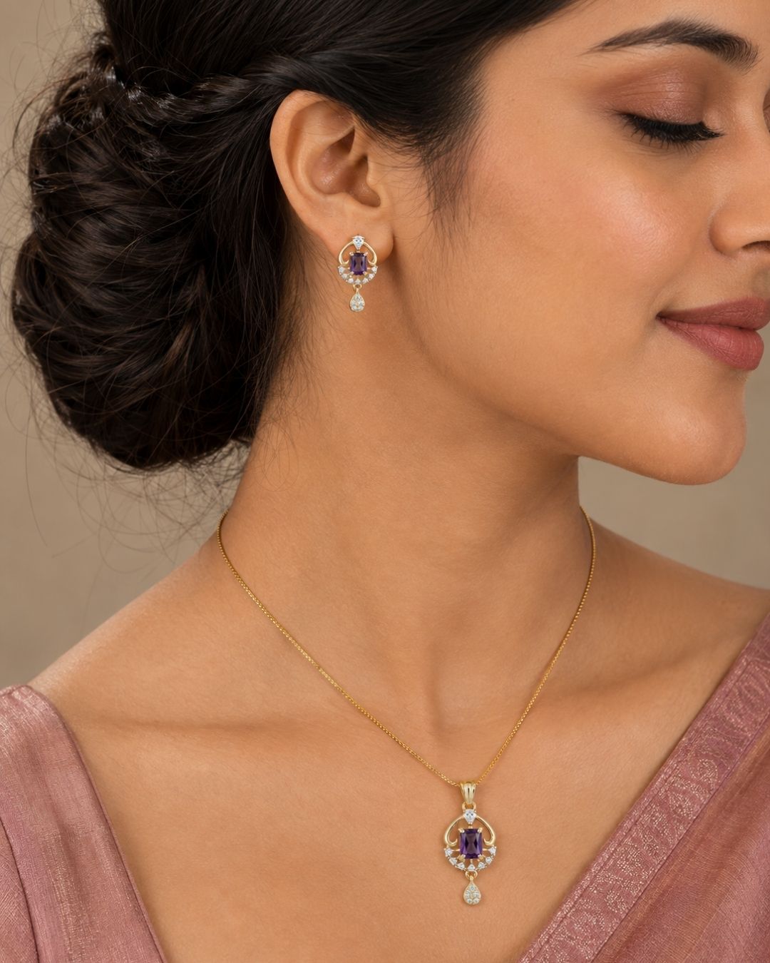 Royal Amethyst Gold Finish Party Wear Pendant Set