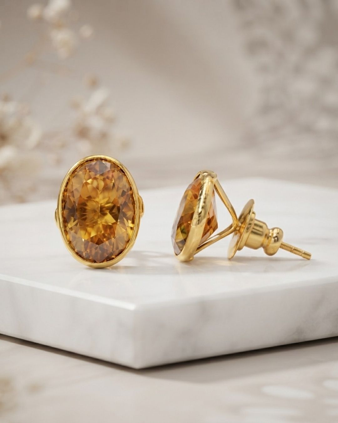 Amber Oval Stone Stud Earrings for Women