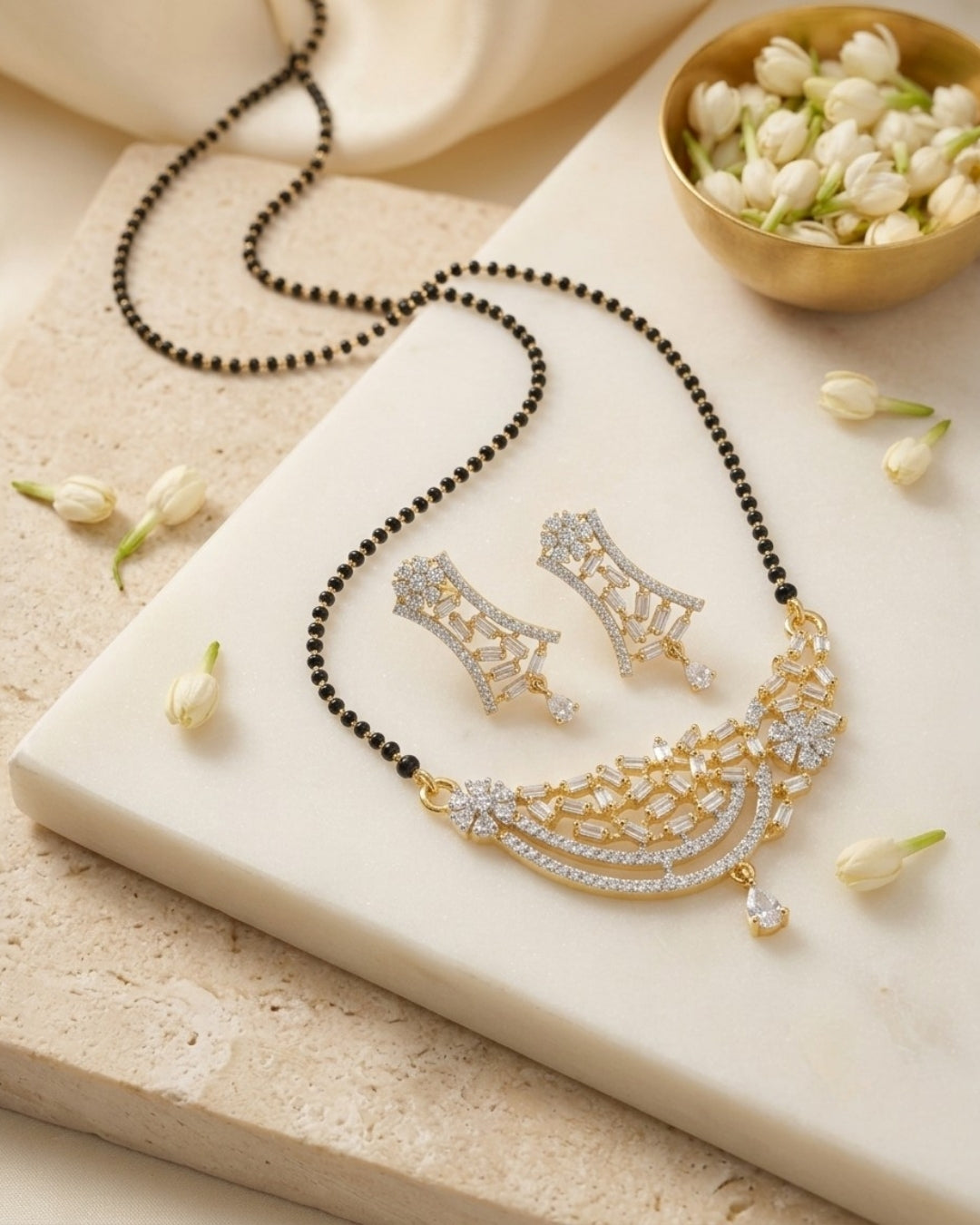 Gold Finish American Diamond Black Beads Designer Mangalsutra Set