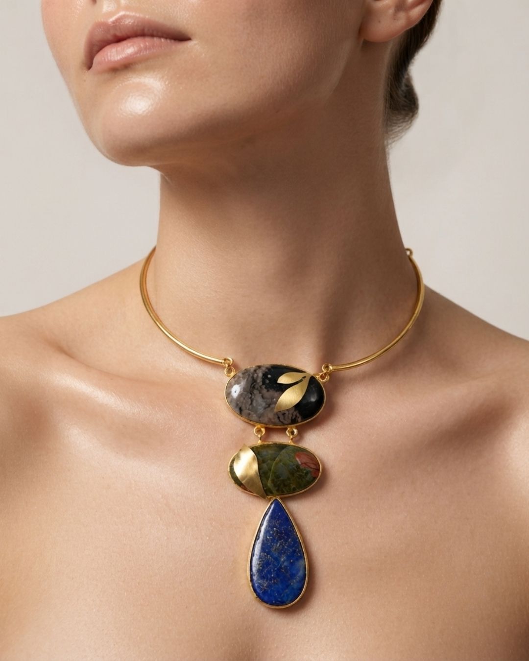 Blue Multicolour Geometric Statement Necklace