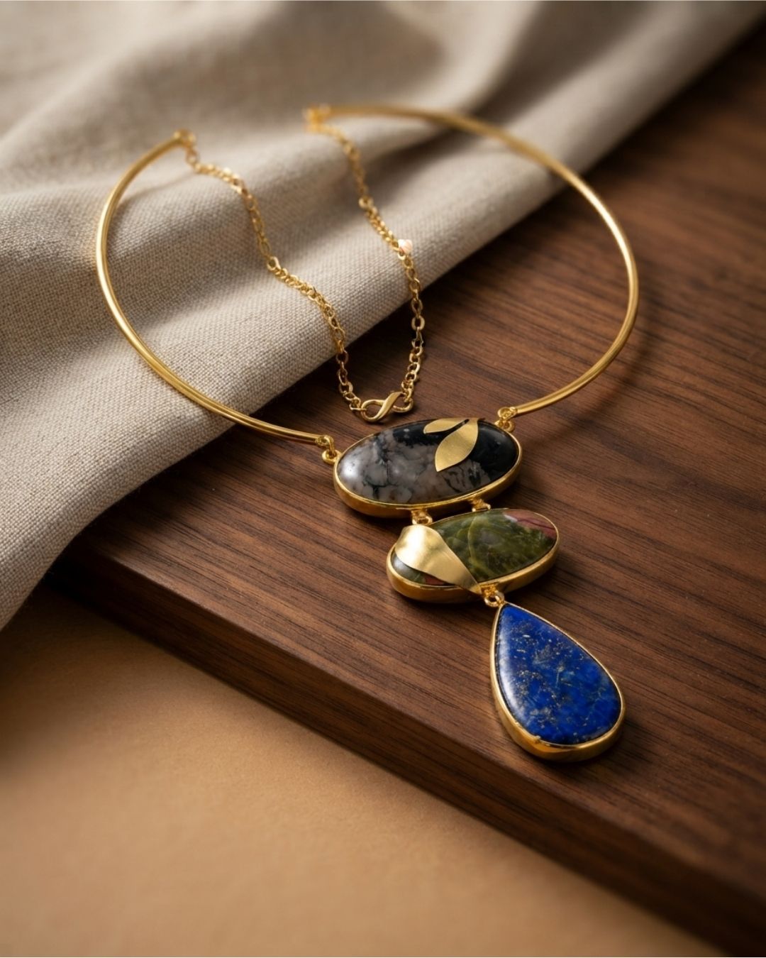 Blue Multicolour Geometric Statement Necklace