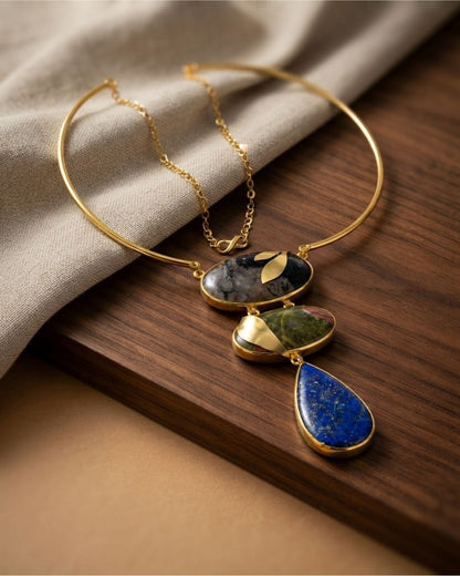 Blue Multicolour Geometric Statement Necklace