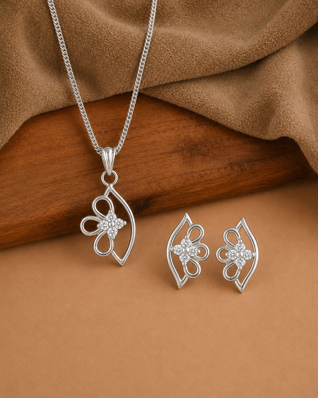 Silver Finish Petal Charm AD Pendant Set