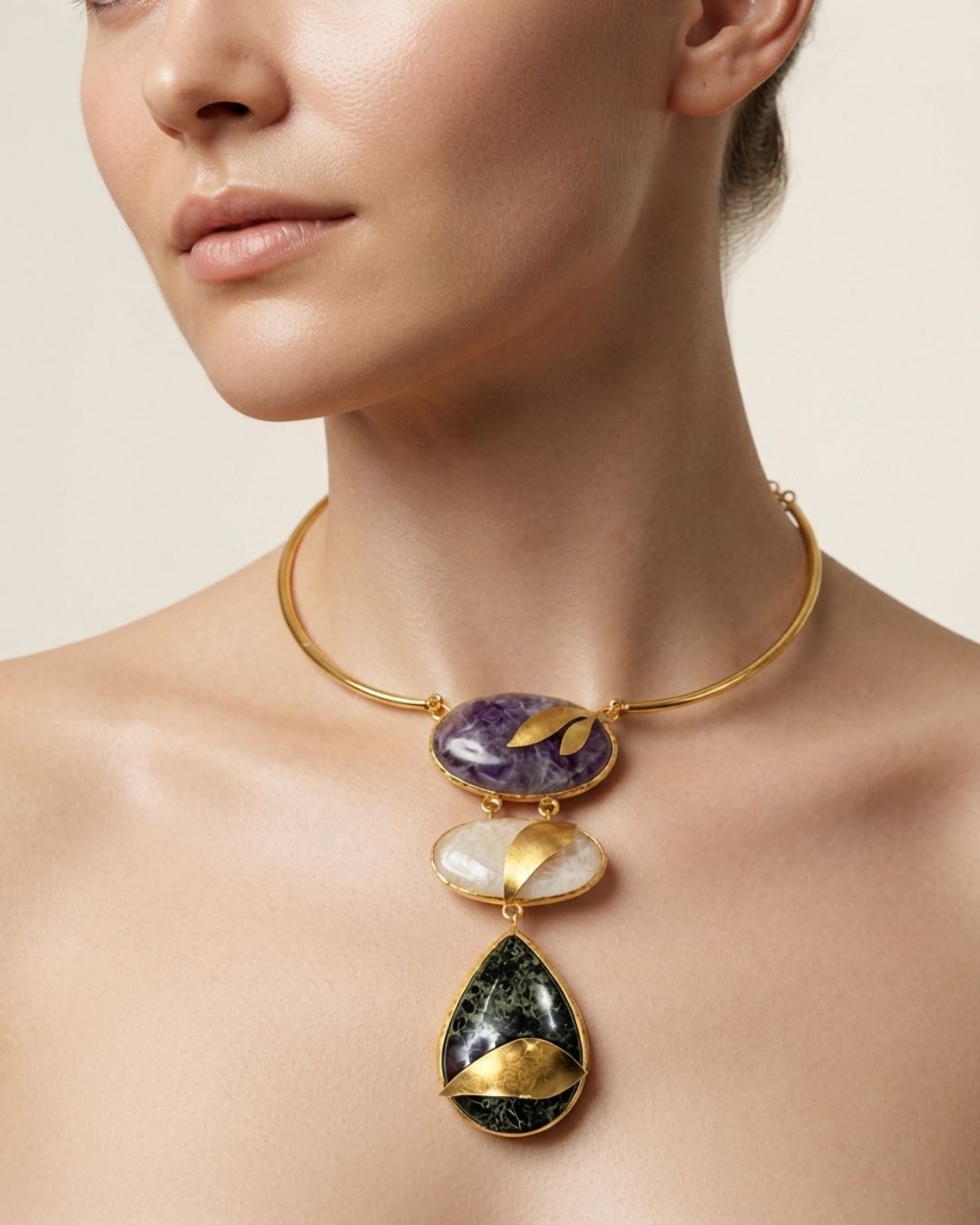 Purple Multicolour Geometric Statement Necklace