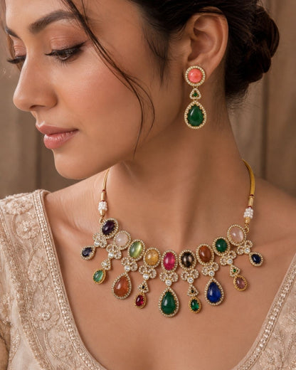 Sabyasachi Inspired Turkish Pota Necklace Set with Green Statement Drops