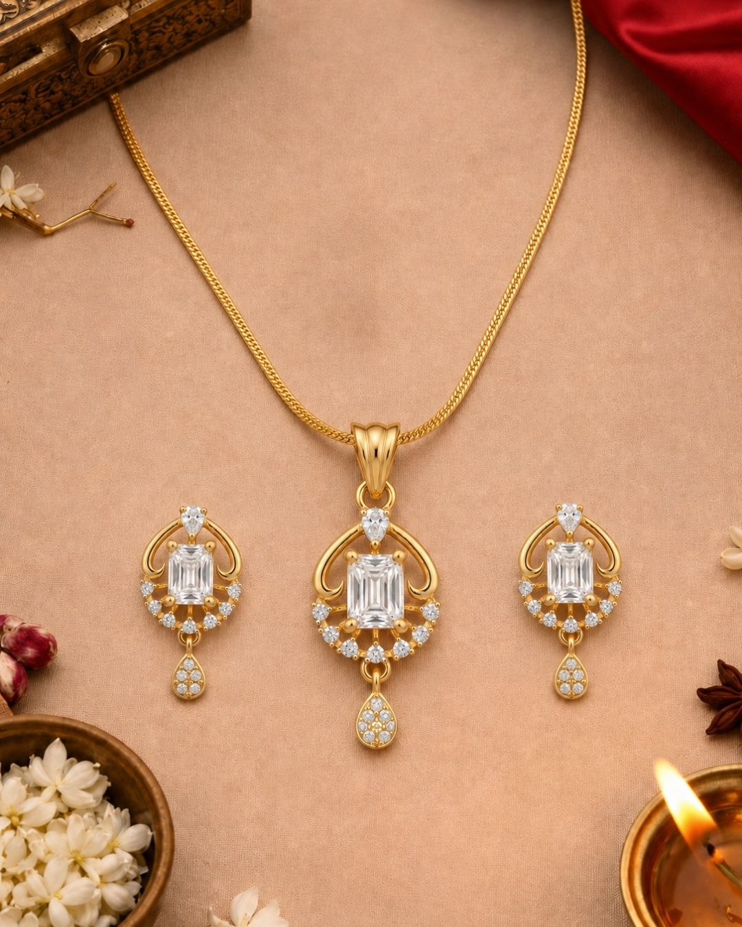 Regal Radiance Gold Finish American Diamond Pendant Set