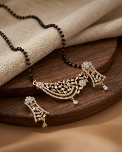 Gold Finish American Diamond Black Beads Designer Mangalsutra Set