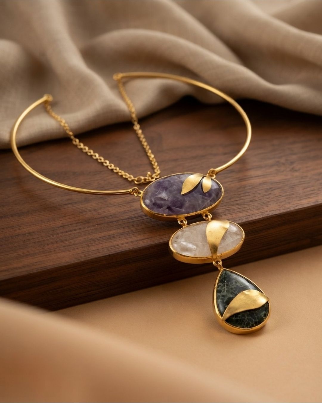 Purple Multicolour Geometric Statement Necklace