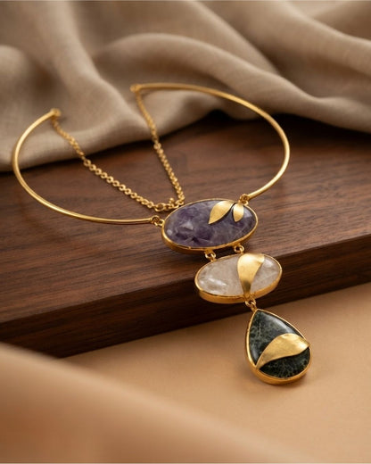 Purple Multicolour Geometric Statement Necklace