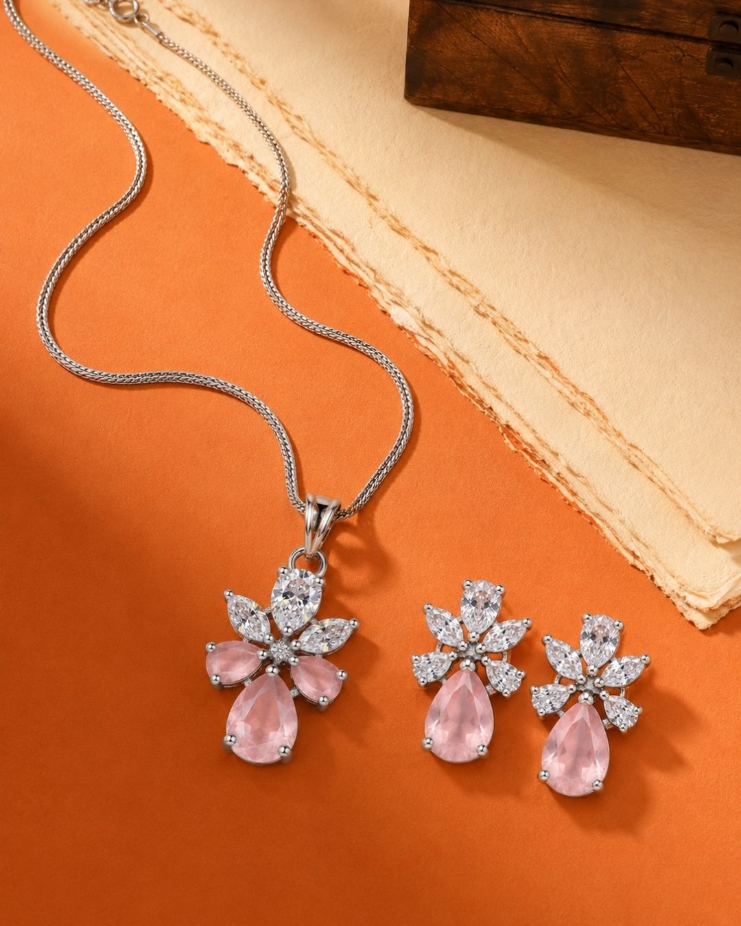 Pink Bloom Silver Finish AD Pendant Set