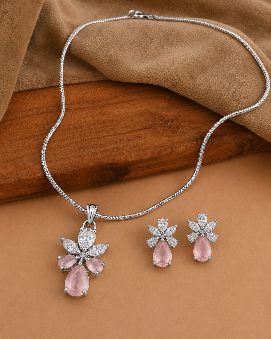 Pink Bloom Silver Finish AD Pendant Set