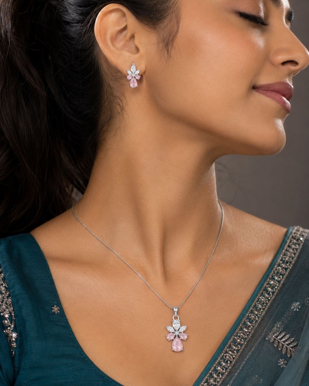 Pink Bloom Silver Finish AD Pendant Set