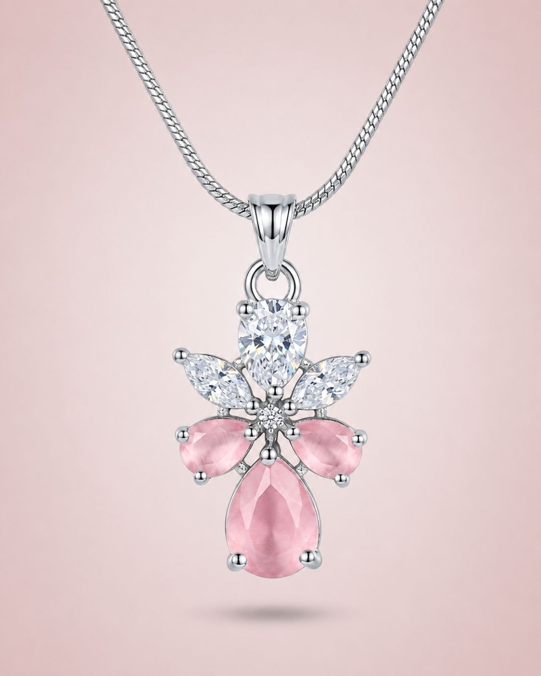 Pink Bloom Silver Finish AD Pendant Set