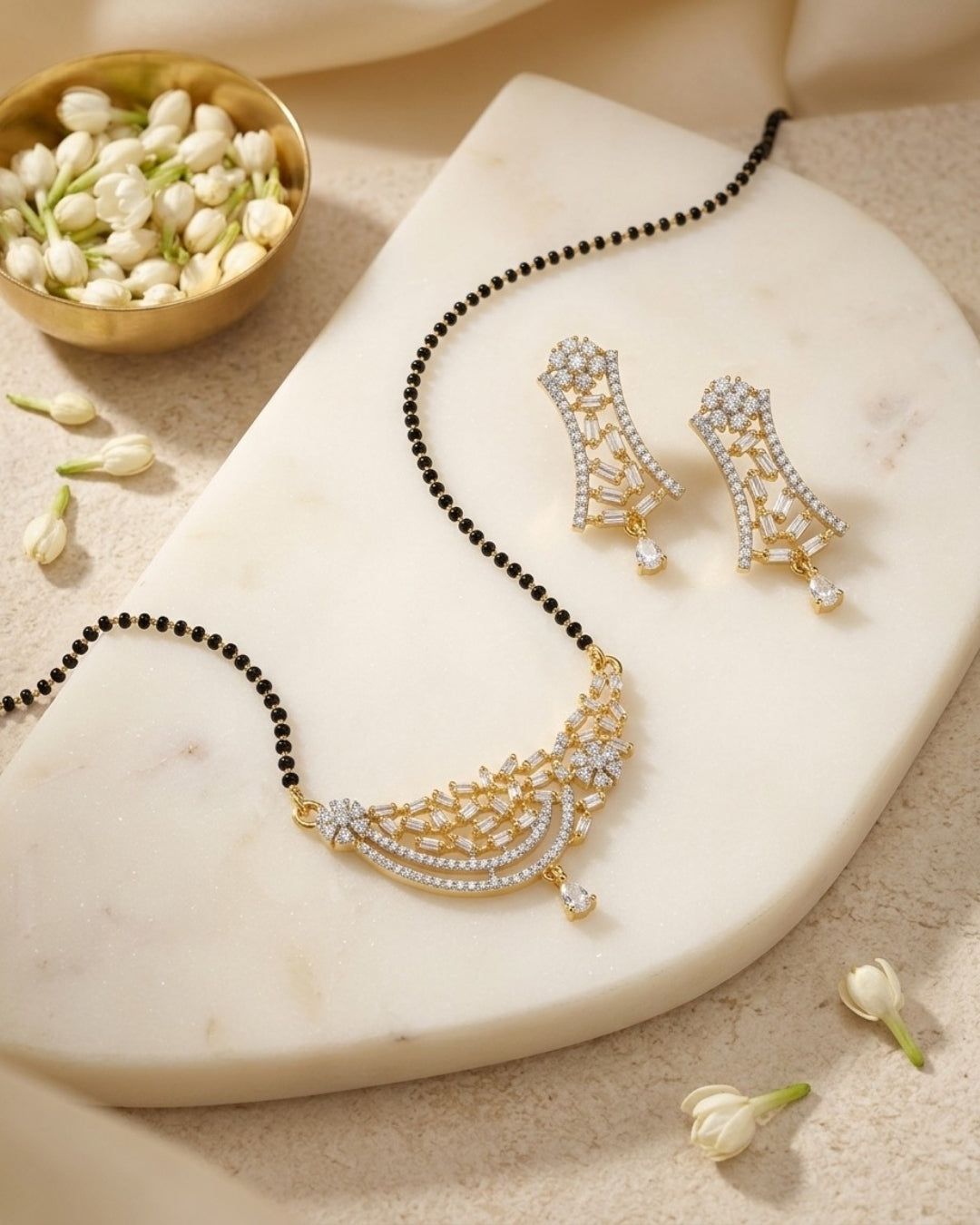 Gold Finish American Diamond Black Beads Designer Mangalsutra Set