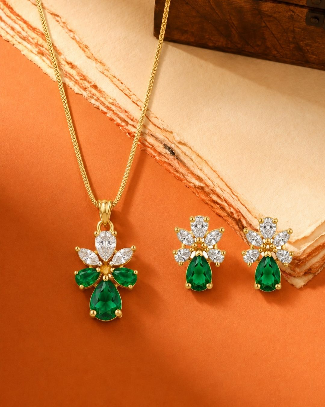 Emerald Bloom Gold Finish Silver AD Pendant Set