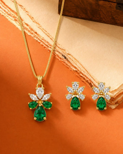 Emerald Bloom Gold Finish Silver AD Pendant Set