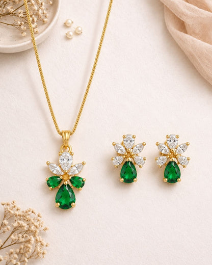 Emerald Bloom Gold Finish Silver AD Pendant Set