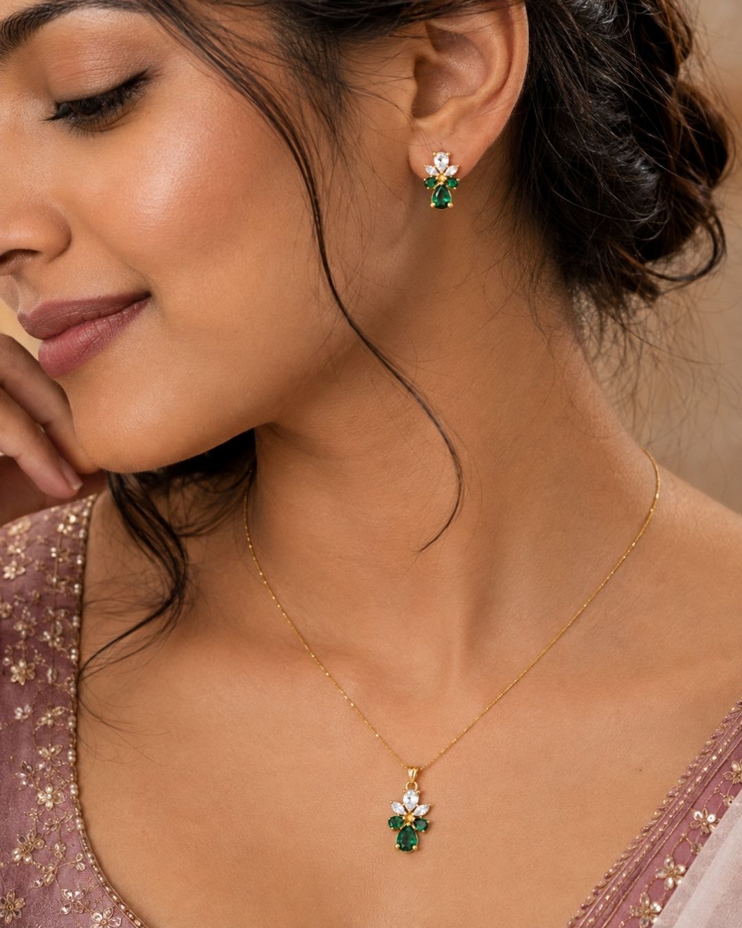 Emerald Bloom Gold Finish Silver AD Pendant Set