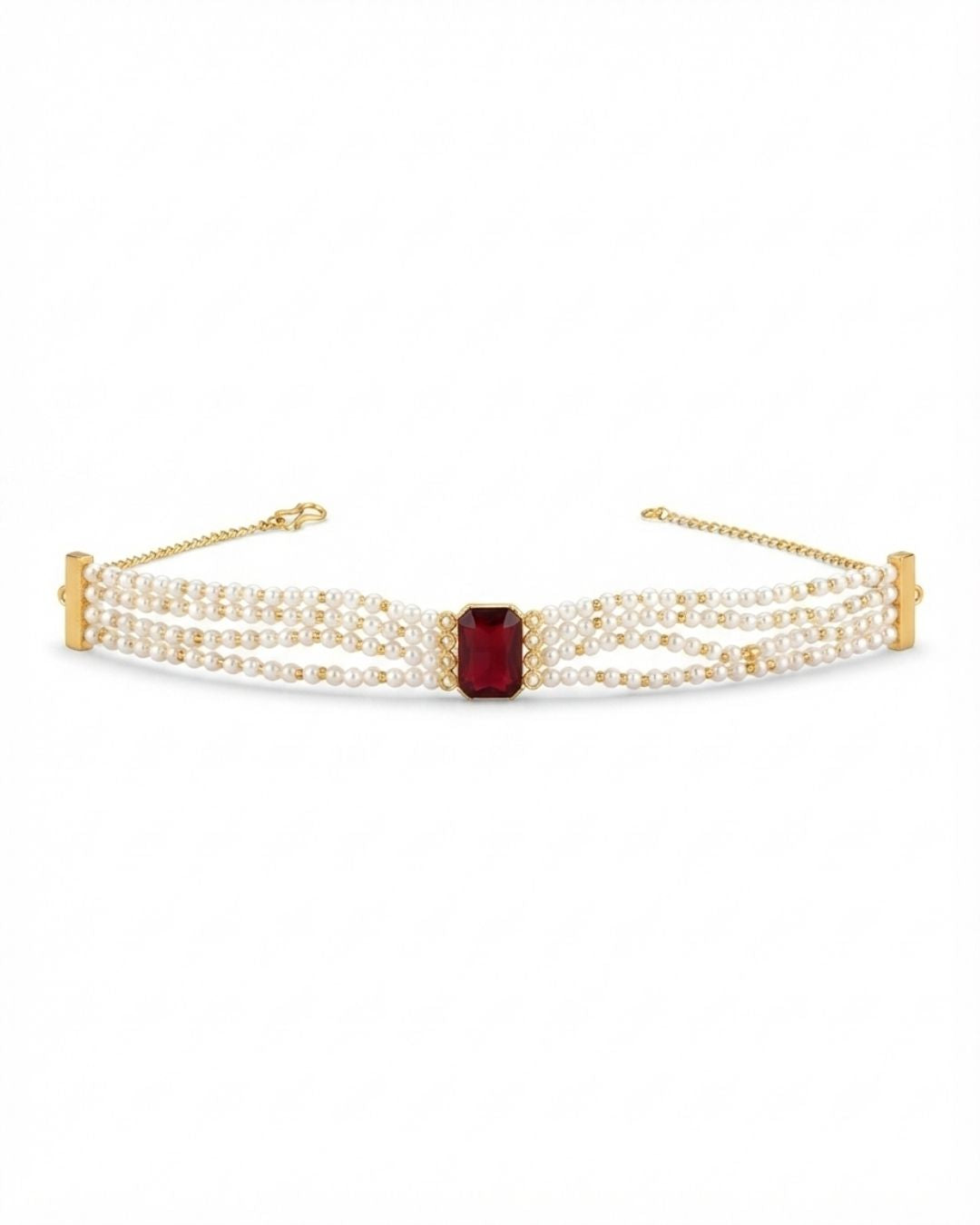 Red Stone Multi-Strand Pearl Choker Necklace