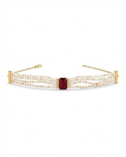 Red Stone Multi-Strand Pearl Choker Necklace