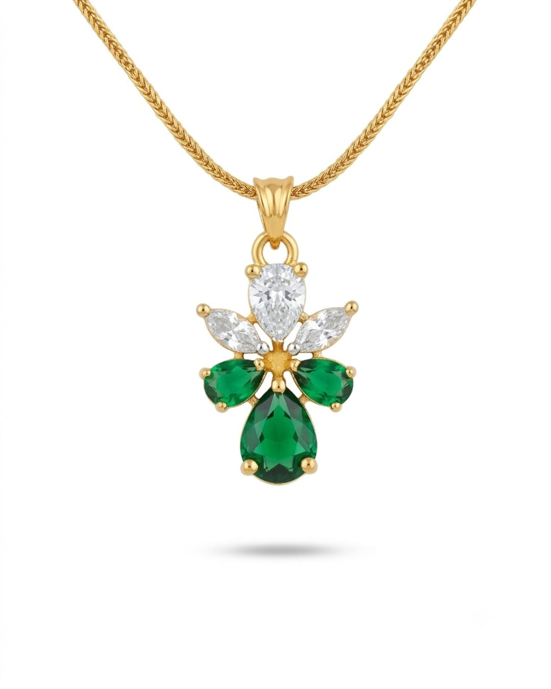 Emerald Bloom Gold Finish Silver AD Pendant Set