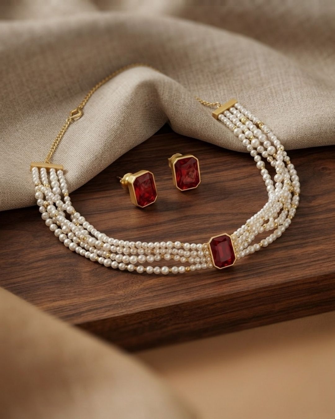 Red Stone Multi-Strand Pearl Choker Necklace