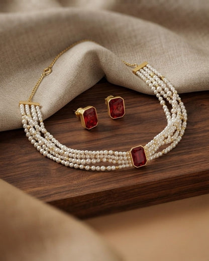 Red Stone Multi-Strand Pearl Choker Necklace
