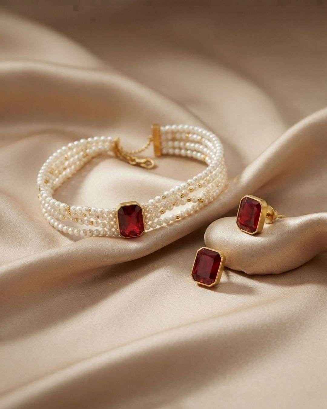 Red Stone Multi-Strand Pearl Choker Necklace